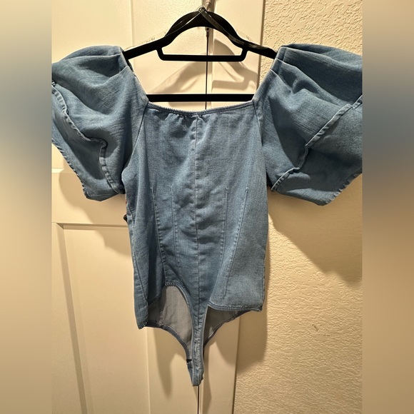 Denim Off-Shoulder Puff Sleeve Bodysuit - Picture 2 of 2